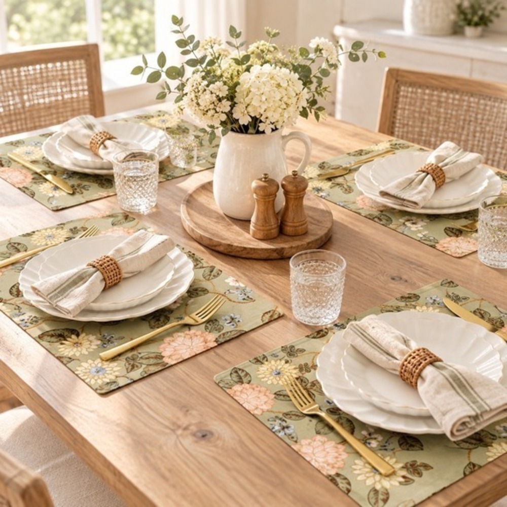 Threshold 4-Pack Botanical Floral Cotton Placemats Sage Green 14x19 NEW
